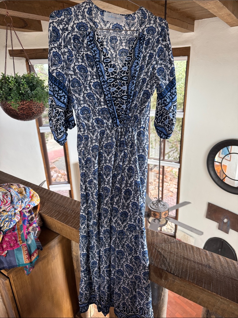 Blue and White Floral V-Neck Maxi Dress with Smocked Waist